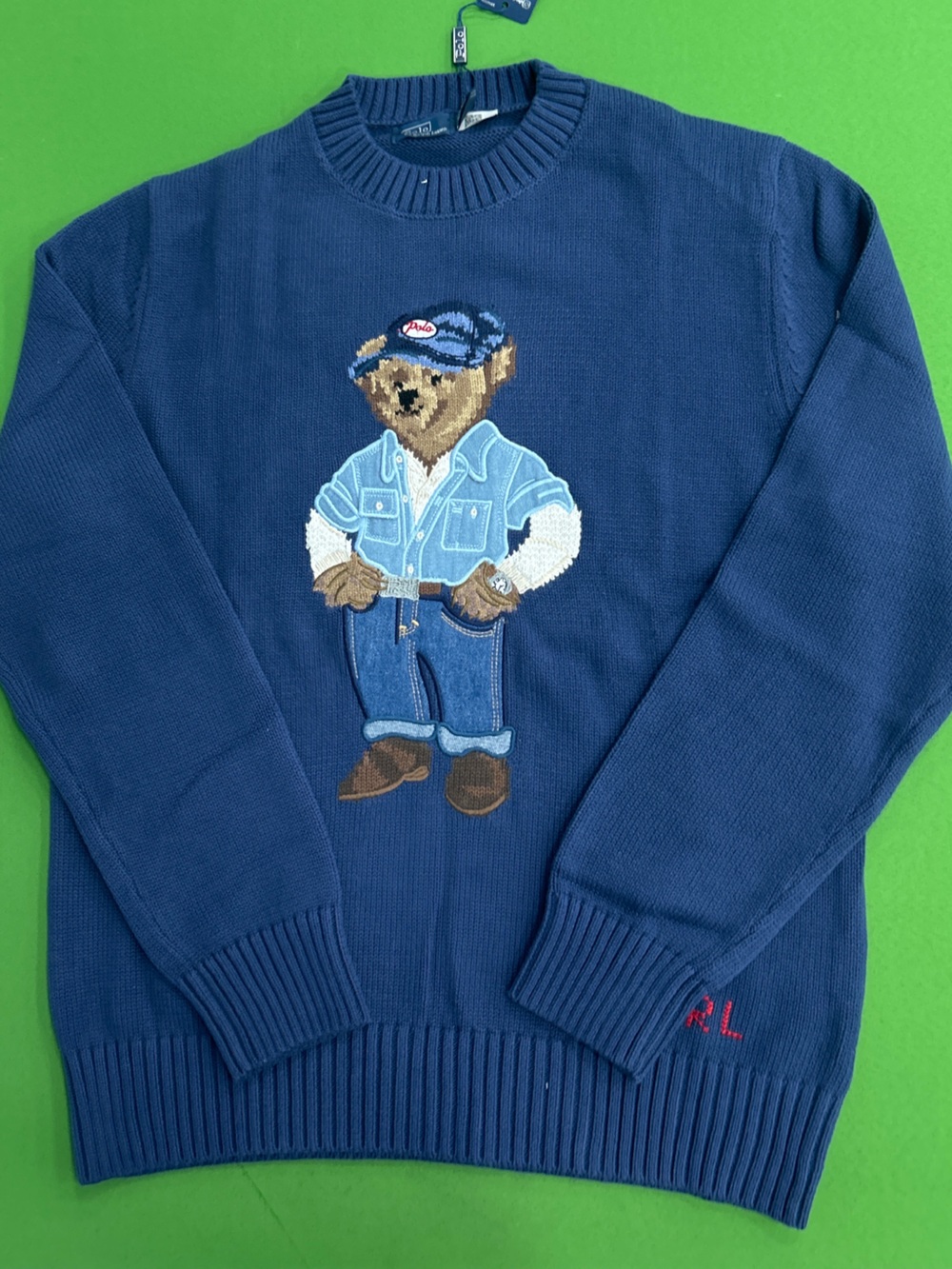 Ralph Lauren Navy Bear Crewneck Sweater with Embroidered Bear